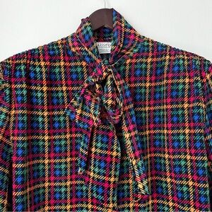 VTG CIAO SPORT Women’s 14 Multicolor Houndstooth Silk Tie Neck Blouse RETRO CHIC